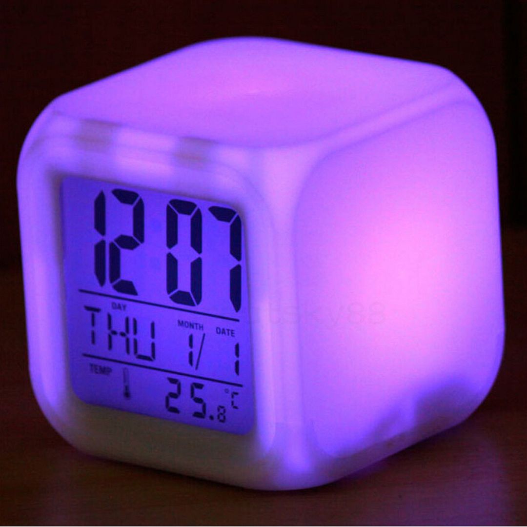 7 Colors LED Digital Kid Alarm Clock Thermometer Night Light Glowing in